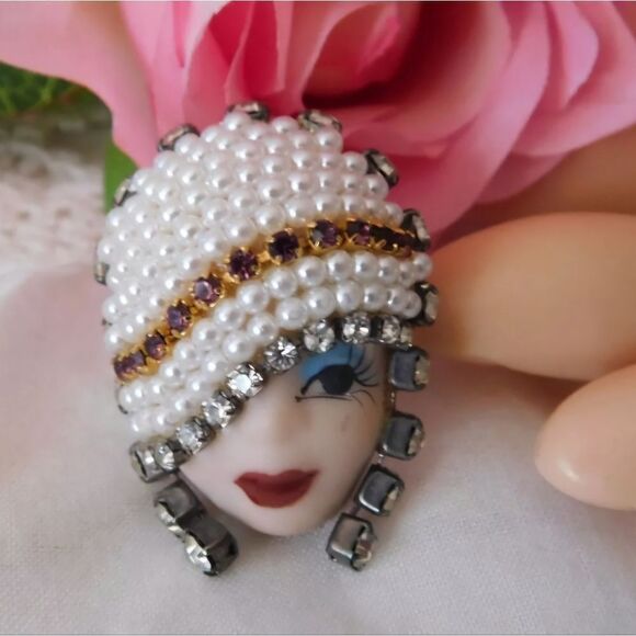 Jewelry - Porcelain Face Vintage Brooch Signed Pin Rhinestones Faux Pearls